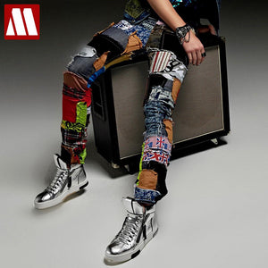 New fashion casual Hole patch jeans male beggar pants men singer stage trousers ds costume Nightclubs costumes pants tide brand